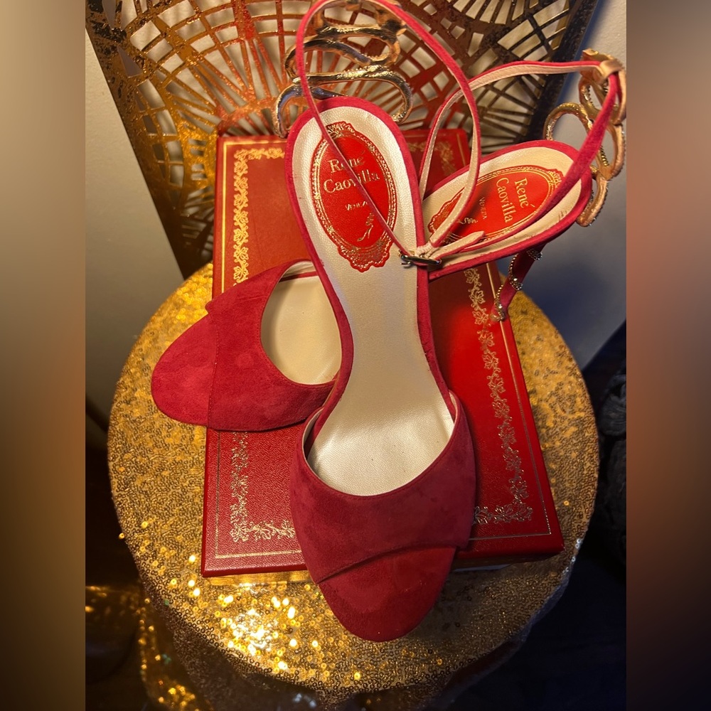 Rene’ Caovilla Red Serpent-detail 100mm suede sandals.  Women’s Size 39 1/2. - Picture 3 of 11